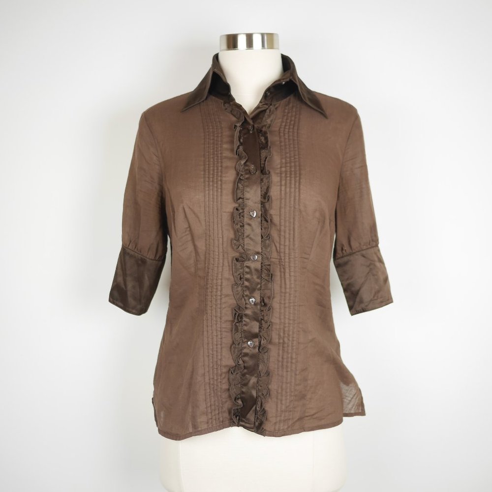 BEBE Brown sheer button down collar shirt blouse
